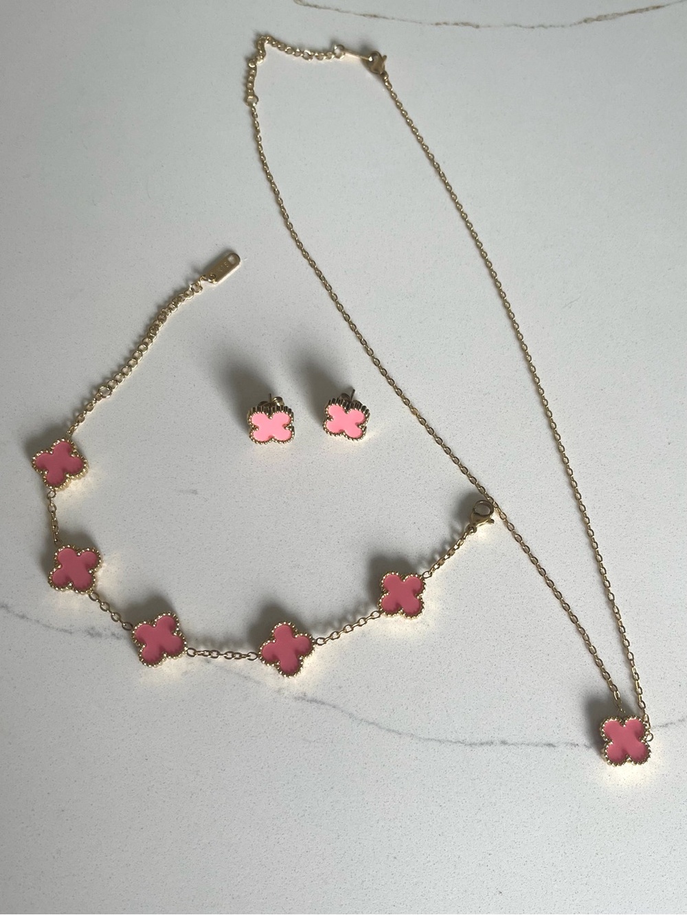 3 Piece Set - Pink Clover Necklace, Bracelet & Stud Earrings